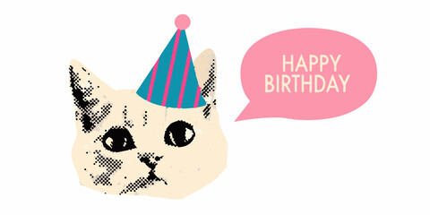 Cute cat wearing party hat with happy birthday message
