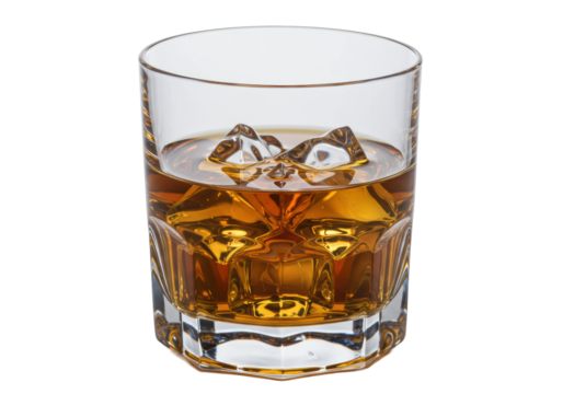 A classic faceted rocks glass, filled with amber whiskey and clear ice, exquisitely lit on a seamless transparent background with copy space, concept for luxury beverage advertising