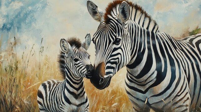 Two young zebra foals standing in a sunlit african savannah, wildlife nature scene