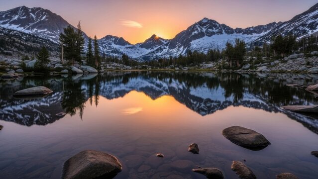Majestic snow capped mountains reflecting in serene lake at sunset