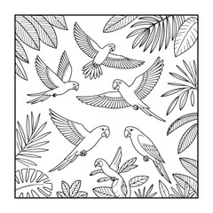 Tropical Parrots: A captivating illustration featuring five parrots in mid-flight and resting amidst lush foliage, depicting the essence of a tropical habitat.