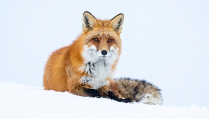 Naklejka premium Majestic red fox in winter snow a wild animal in its natural habitat serene wildlife portrait snow landscape.