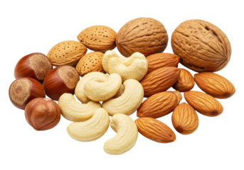 A bountiful pile of glossy hazelnuts, creamy cashews, elongated almonds, and rich walnuts, artfully arranged on a transparent background with copy space, concept for healthy snacking