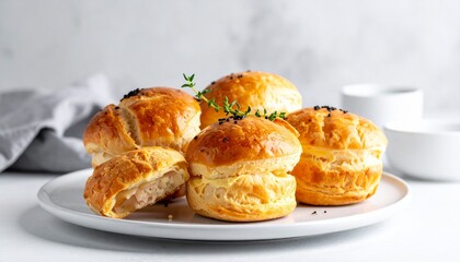 Savory Baked Buns on White Plate Close Up Still Life Perfect for Stock Photography and Editorial Use.