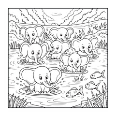 Playful Elephants in River: A heartwarming scene unfolds as a group of adorable elephants frolic and splash joyfully in the refreshing water of a river.