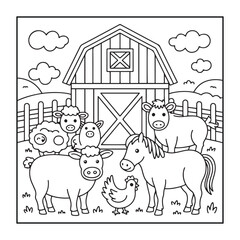 Farm Animals Coloring Page: A charming coloring page features a collection of adorable farm animals gathered in front of a classic barn, ready for creative expression.