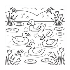 Ducks in Pond: Illustrative scene of ducks and dragonflies. A scene of ducks in water with dragonflies and plants.