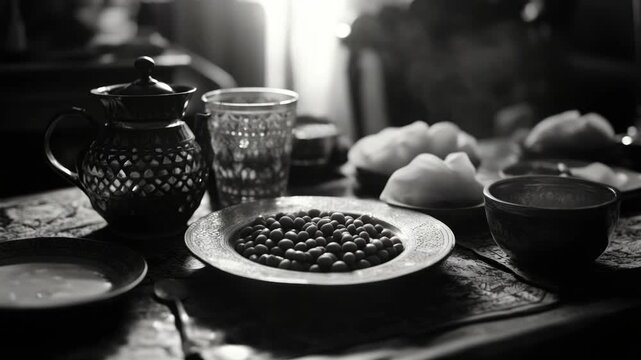 Ceramic tea set with Russian designs, ready for guests.