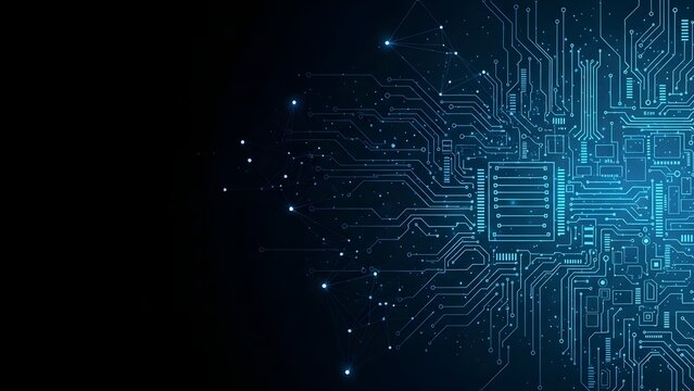 Blue digital circuit board on black background for technology and innovation