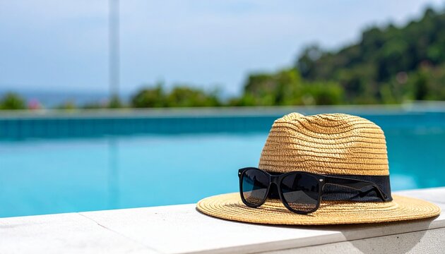 Summer vacation hat and sunglasses poolside in paradise ideal travel destination for relaxation and leisure lifestyle.