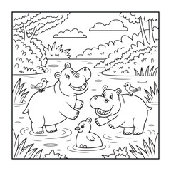 Playful Hippos in the Watering Hole: A whimsical scene unfolds as happy hippos frolic in a serene watering hole, their playful nature enhanced by the presence of small, cheerful birds.
