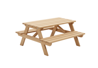 A child-sized light brown wooden picnic table with slatted surfaces, natural wood texture, isolated against a transparent background with copy space, high-key studio lighting, concept for children's