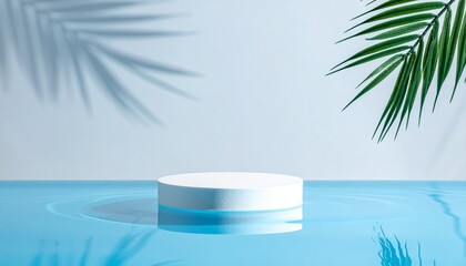 Fototapeta premium Minimalist Product Display on Water Surface with Palm Leaf Shadows for Cosmetic or Wellness Advertising.