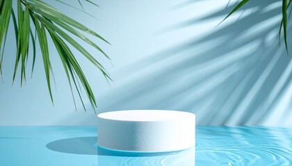 Minimalist product display on water with palm leaves for beauty or wellness promotions with summery vibe.
