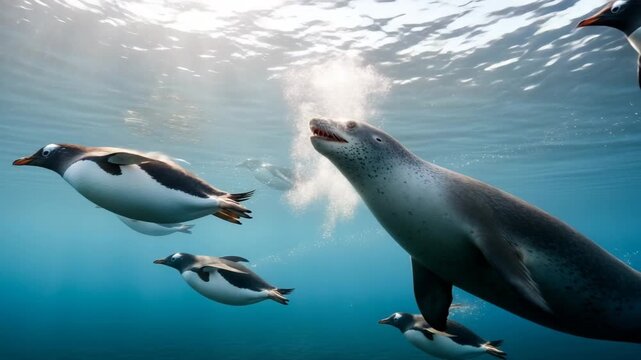 Leopard Seal Hunts Penguins Underwater Ocean Wildlife Predator Prey Dynamic Action hunting 4K Ai HD high quality video.
