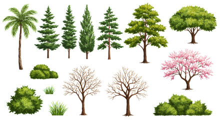 Obraz premium Watercolor botanical illustrations: tropical palm, pines, cypresses, green/yellow deciduous, bare winter, blossoming trees, bushes, grass, isolated on white. Concept for design assets