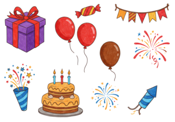 Hand-drawn crayon icon set of birthday celebration elements: purple gift box, candy cane, party banner, balloons, cake with lit candles, firework, isolated on white, joyful celebration atmosphere