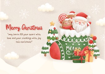 Christmas and New Year Festive Background with Santa Claus and Decorations