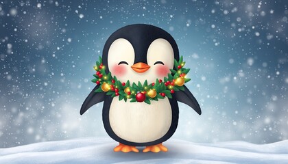 Adorable cartoon penguin wearing a festive Christmas wreath in a snowy winter wonderland.
