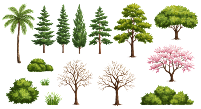 Watercolor botanical illustrations: tropical palm, pines, cypresses, green/yellow deciduous, bare winter, blossoming trees, bushes, grass, isolated on white. Concept for design assets