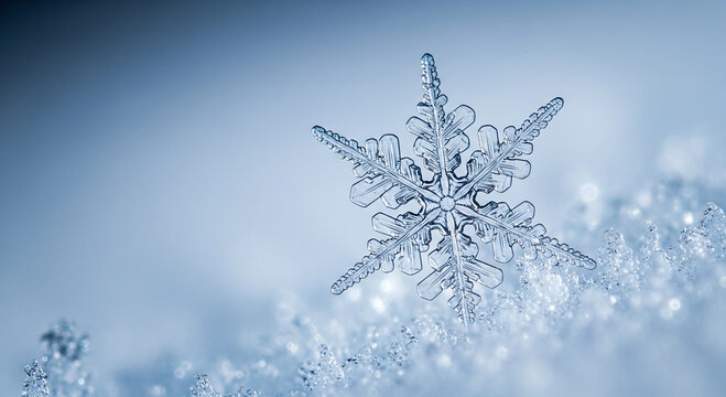 Single Detailed Snowflake Macro On Soft Blurred Icy Background Ultra Sharp Crystal Structure