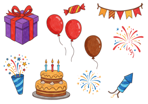 Hand-drawn crayon icon set of birthday celebration elements: purple gift box, candy cane, party banner, balloons, cake with lit candles, firework, isolated on white, joyful celebration atmosphere