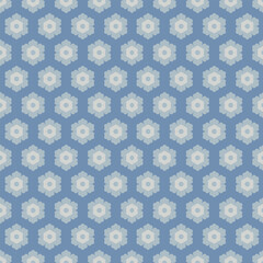 Seamless geometric floral pattern on muted blue background. Vintage Japanese style textile texture and wallpaper.