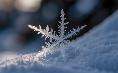 Obraz premium Perfectly formed ice crystal standing upright in sparkling fresh snow