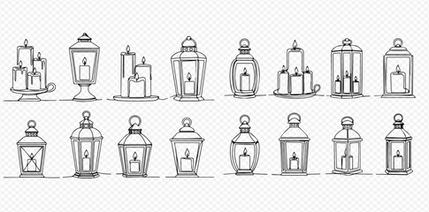 Hand-drawn sketch set of vintage decorative lanterns and candles, illustrating various styles of traditional light sources. © Lunara Arts