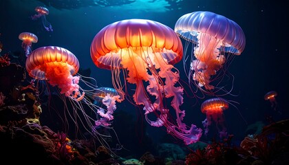 Fototapeta premium Glowing jellyfish gracefully floating in deep blue ocean waters, illuminated with vibrant pink and orange light