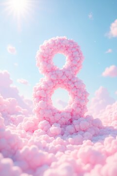 8 March formed from soft pink clouds floating in bright blue sky. Woman's Day. Romantic and dreamy atmosphere