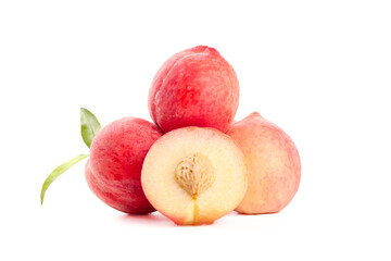 Fresh Ripe Peaches Cut in Half Isolated on White Background - Summer Fruit Ready to Pick