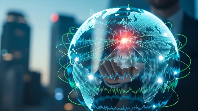 Dynamic global business network connecting continents with modern technology and a professional touch