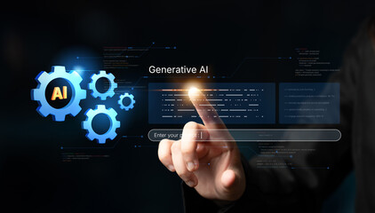 Obraz premium A futuristic concept of an enterprise Artificial Intelligence platform. This system uses machine learning for business automation, data analysis, and powering generative solutions. Fermion