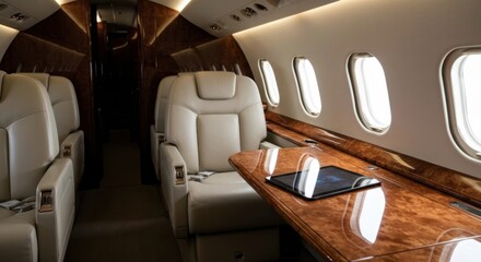 Fototapeta premium Luxurious interior of a private jet with plush leather seating and glossy wood