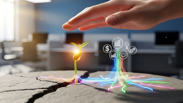 Support a new business venture with a growing seedling and digital business icons in a modern office