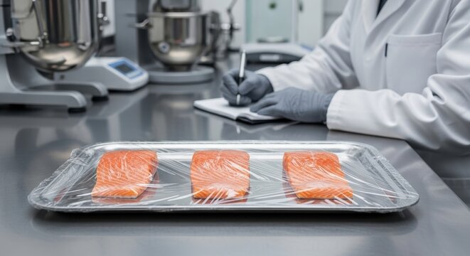 Scientist in lab recording data on salmon fillets prepared for inspection