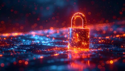 Glowing lock surrounded by illuminated particles, representing data security in a modern, abstract style