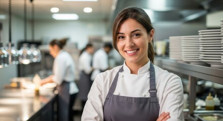 Smiling chef wearing apron and looking at the camera in a commercial kitchen
