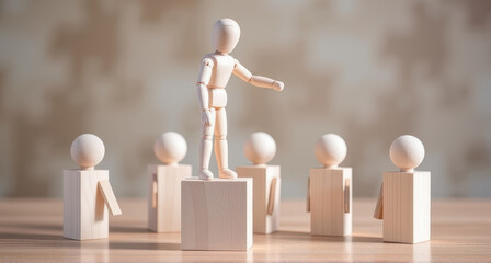 Wooden mannequin leader on pedestal gestures to four wooden block figures in minimalist warm interior conveying leadership and guidance