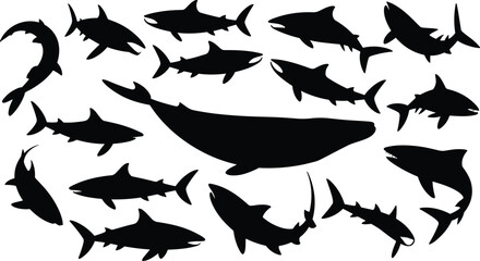 Shark and whale silhouettes, marine animal icons, editable vector, black design elements, ocean predator contrast, aquatic life, sea creature set