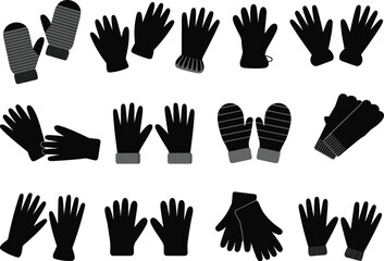 Glove and mitten silhouettes, winter accessories, handwear styles, editable vector, black icons, isolated design, seasonal fashion, cold weather gear, outfit detail