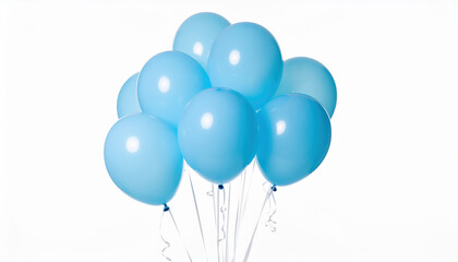 Blue balloons cluster float against white background creating cheerful celebration mood and soft glossy texture, suitable for party decor, event scene, birthday or festive greeting