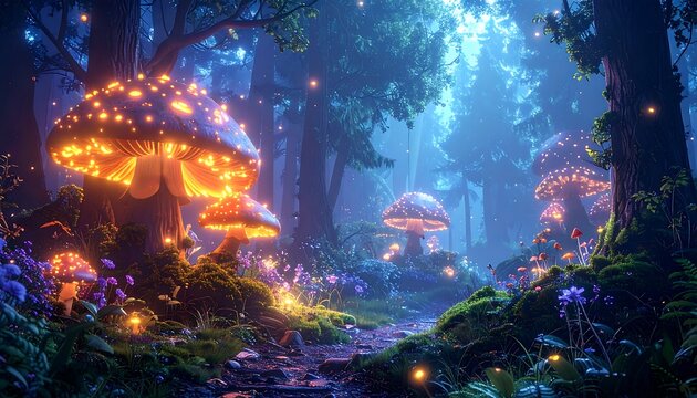 Glowing mushroom forest at night, with a path and blue-toned lighting effects - Powered by Adobe