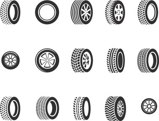 Tire and wheel silhouettes, tread patterns, rim designs, editable vector, black icons, automotive parts, vehicle components, mechanical detail, transport theme