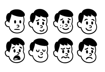 A set of hand-drawn faces and head of boys characters showcasing various emotions