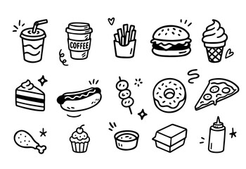 Set of hand drawn fast food doodles, clip art, isolated elements for prints, icons, stickers, planners, cards, etc. EPS 10