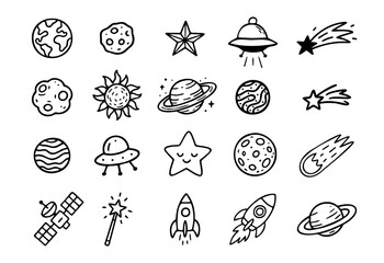 Set of doodle elements, stars, meteorites, moon, hand drawn. Vector eps 10.