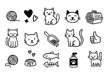 Vector set of pets in doodle style. Hand drawn. Pet accessories elements: bone, paw, leash, food, cat and dog.