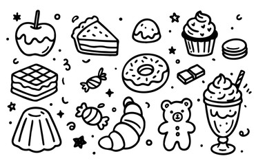 Hand-drawn dessert doodle set. sweet sketches of cakes, pastries, donuts, waffles, ice cream, candy, chocolate.